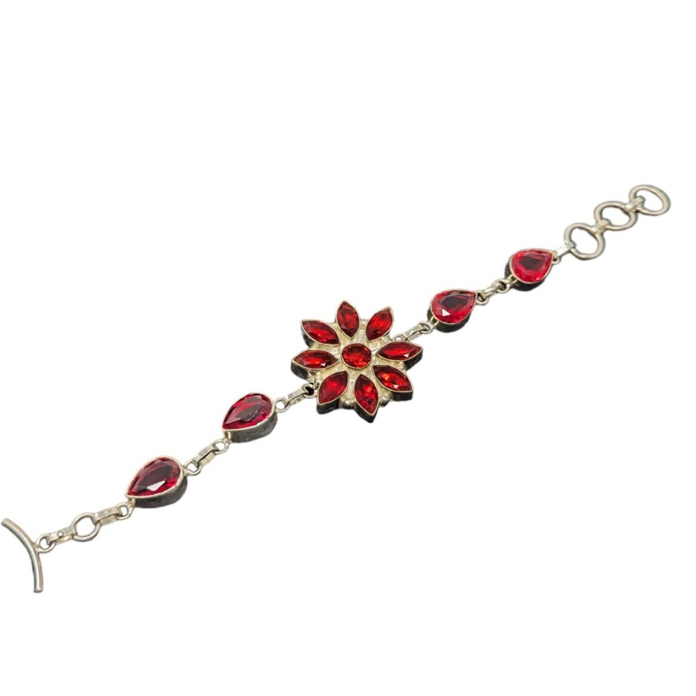 Sterling Silver Red Flower and Pear Marquise Shaped Bracelet